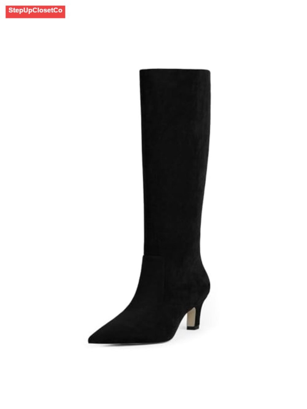 Knee High Boots Women Pointed Toe Kitten Heel Faux Leather
